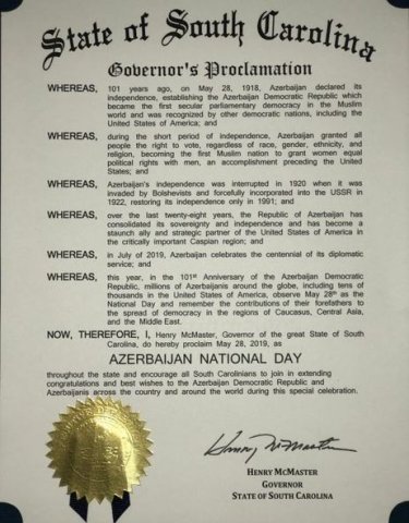 Cənubi Karolinada 28 may 2019-cu il – “Azərbaycan günü” elan edilib