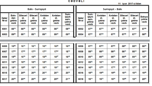 Bakı-Sumqayıt elektrik qatarlarının hərəkət cədvəli dəyişir