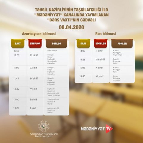 Aprelin 8-nə olan teledərslərin proqramı açıqlanıb - ŞƏKİL