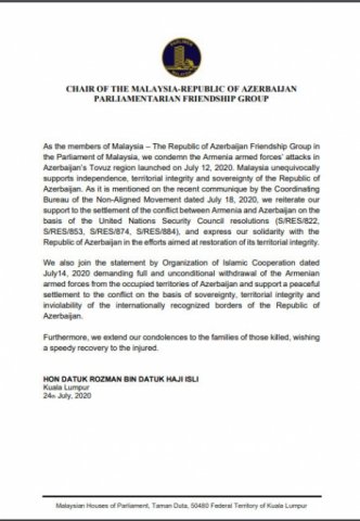 Malayziya parlamenti Azərbaycanı dəstəkləyən bəyanat yayıb