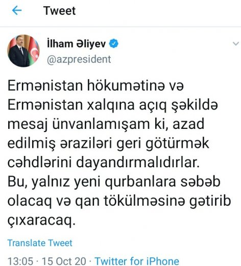 Prezident İlham Əliyevdən yeni TVİT