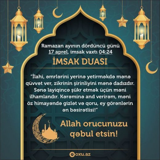 Ramazan ayının dördüncü gününün imsak, iftar və namaz vaxtları - ŞƏKİL